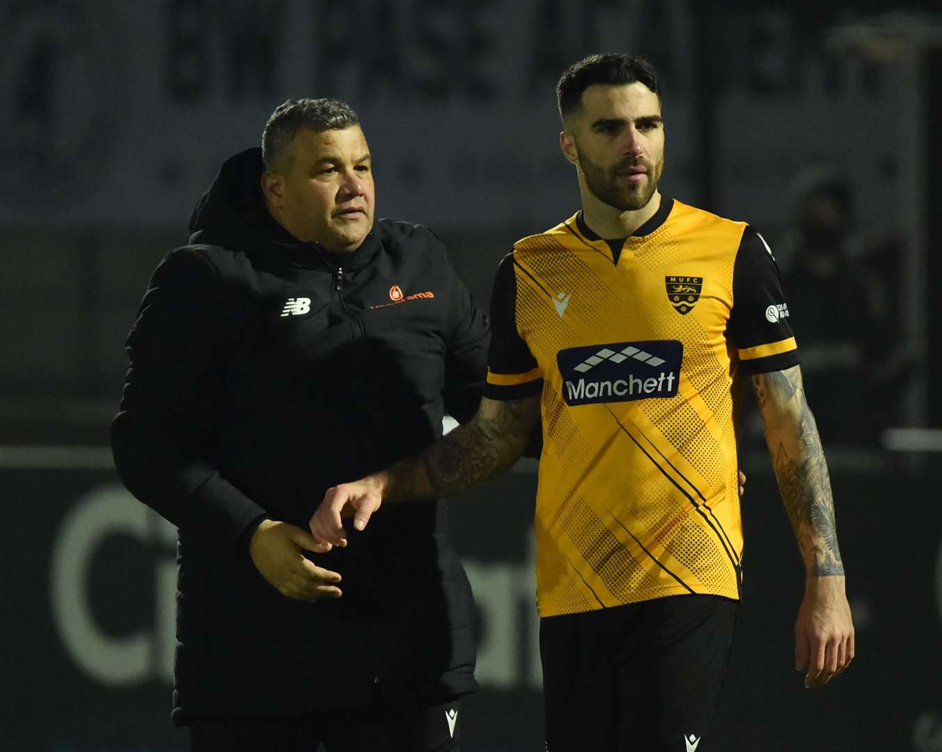 Maidstone United manager Hakan Hayrettin with Joan Luque Picture: Steve Terrell