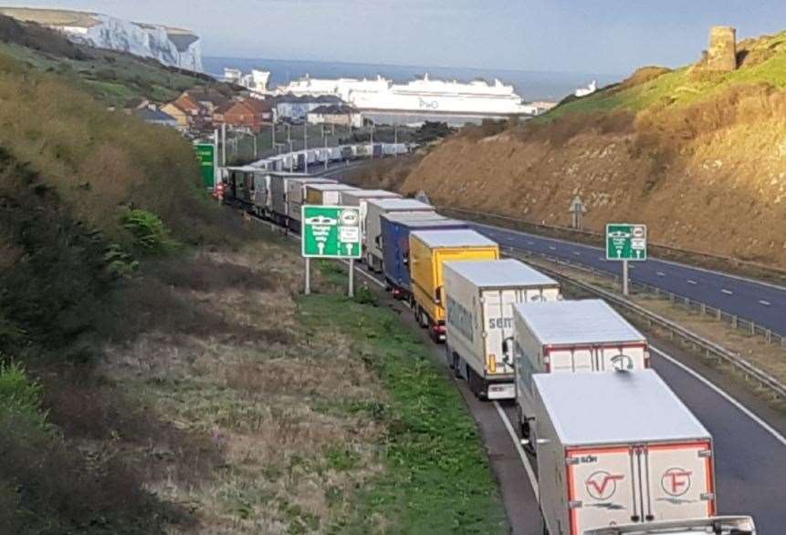 The Dover TAP queue of HGVs along the A20 at Dover. Picture: Sam Lennon