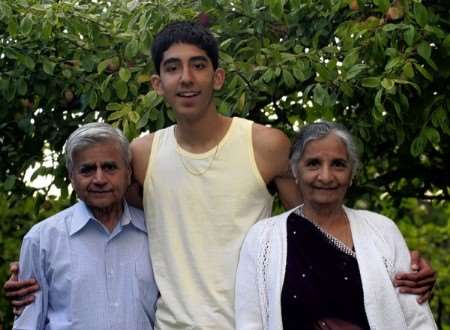 Slumdog star Dev Patel with his grandparents Maganlal and Manjula during a visit to Eastry