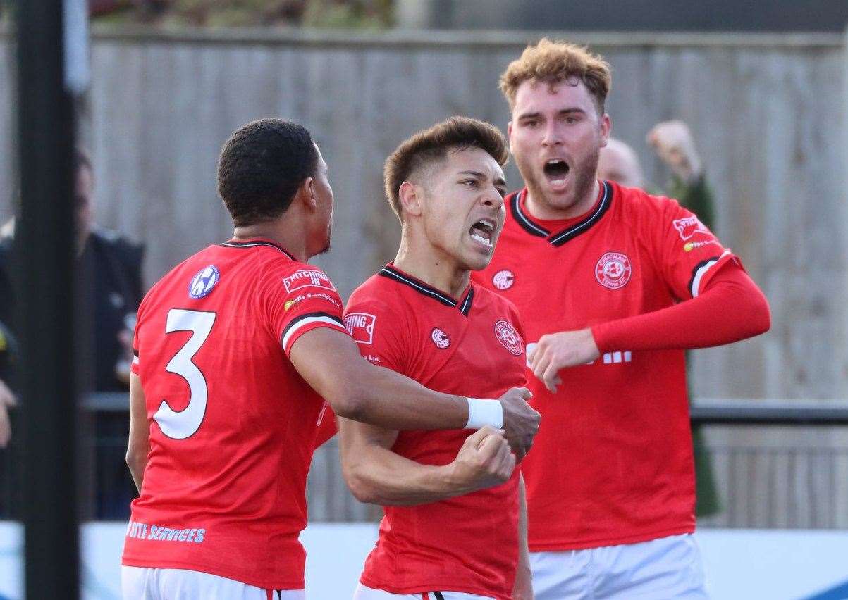 Jamie Mascoll, Jordy Robins and Harvey Bradbury celebrate a Chatham goal against Cray Picture: Max English @max_ePhotos