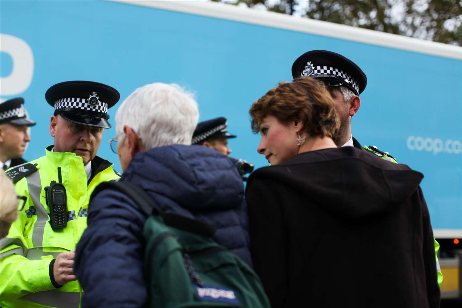 Laura Clout talking to police officers at the protest in 2019. Picture Carla Oxlade