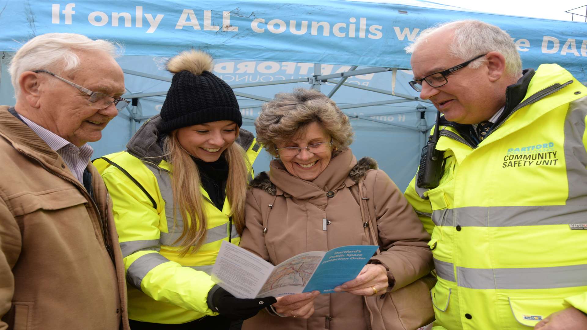 Bill and Pat Lawrence discuss community issues with Jade Ransley and Tony Henley of the community safety unit during the safety awareness day held in Dartford High Street on Thursday. Picture: Chris Davey