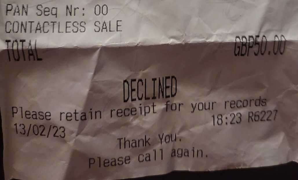 The declined receipt from the Esso garage in Gillingham. Picture: Odette Browning