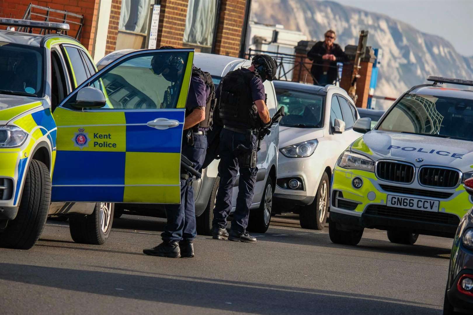 Police were called to Folkestone following reports of a man with a weapon Police descended on Folkestone following the incident this morning. Picture: Dan Desborough (4916330)