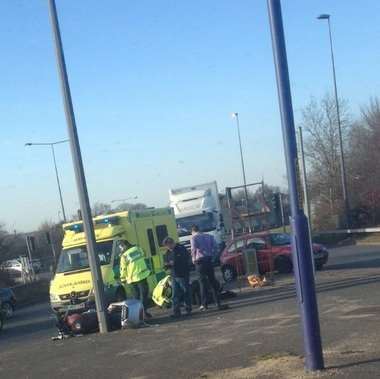 It has been reported that a motorbike and a car had a crash at a petrol station on the M25 at Dartford