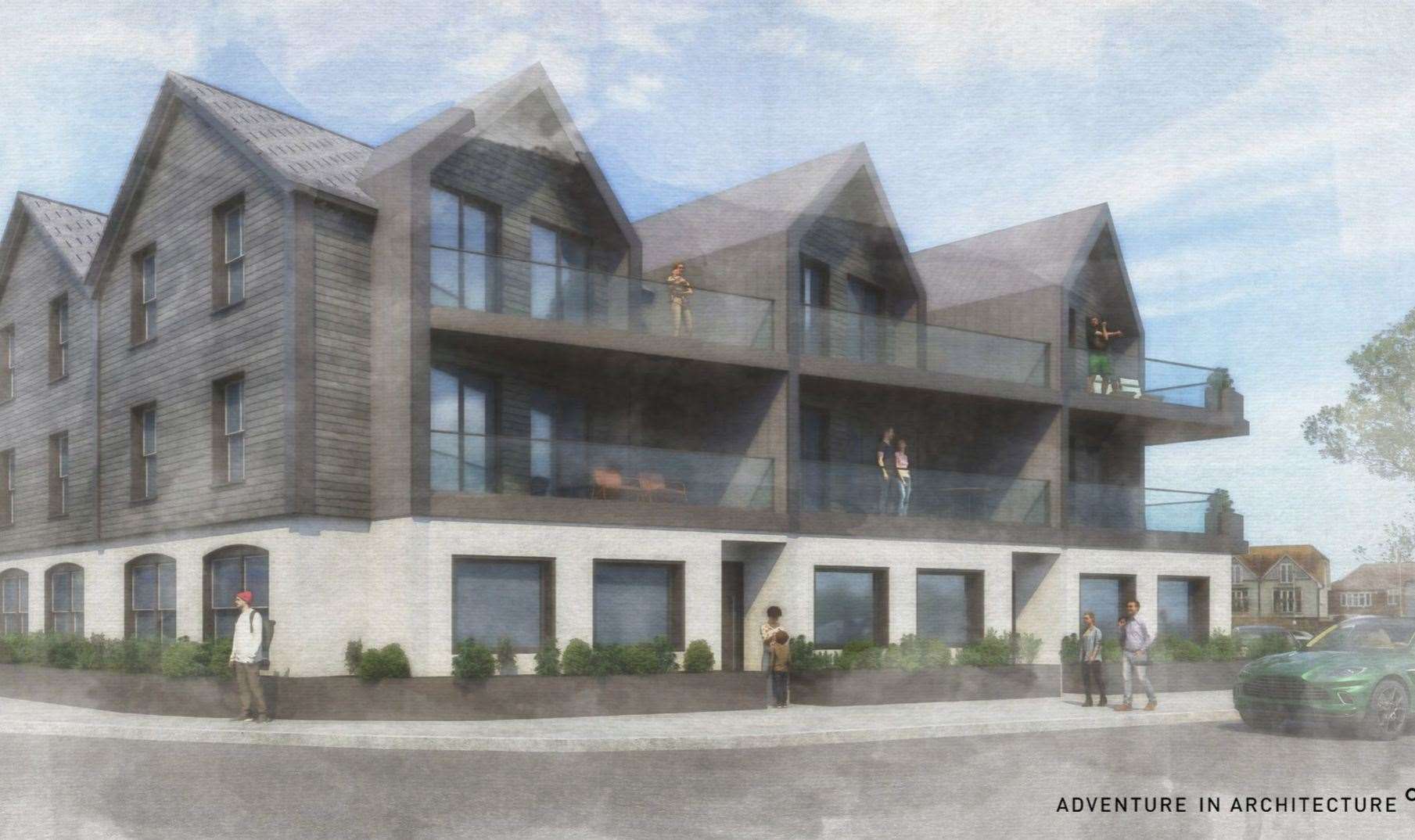 Flats not facing the High Street in Hythe will still have glass balconies. Picture: Adventure in Architecture