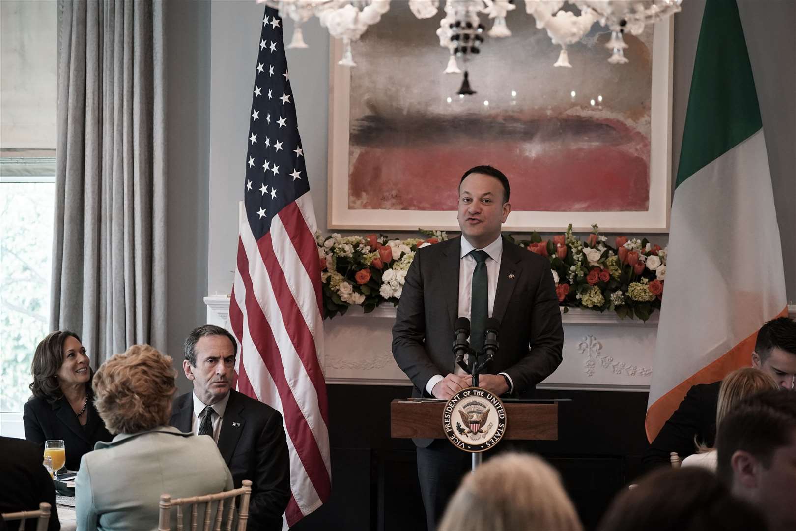 US vice-president Kamala Harris, left, listens to an address by Taoiseach Leo Varadkar during a breakfast meeting in Washington (Niall Carson/PA)