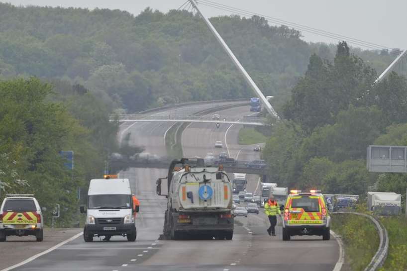 Highways crews at the scene of the M20 fatality. Picture: Gary Browne