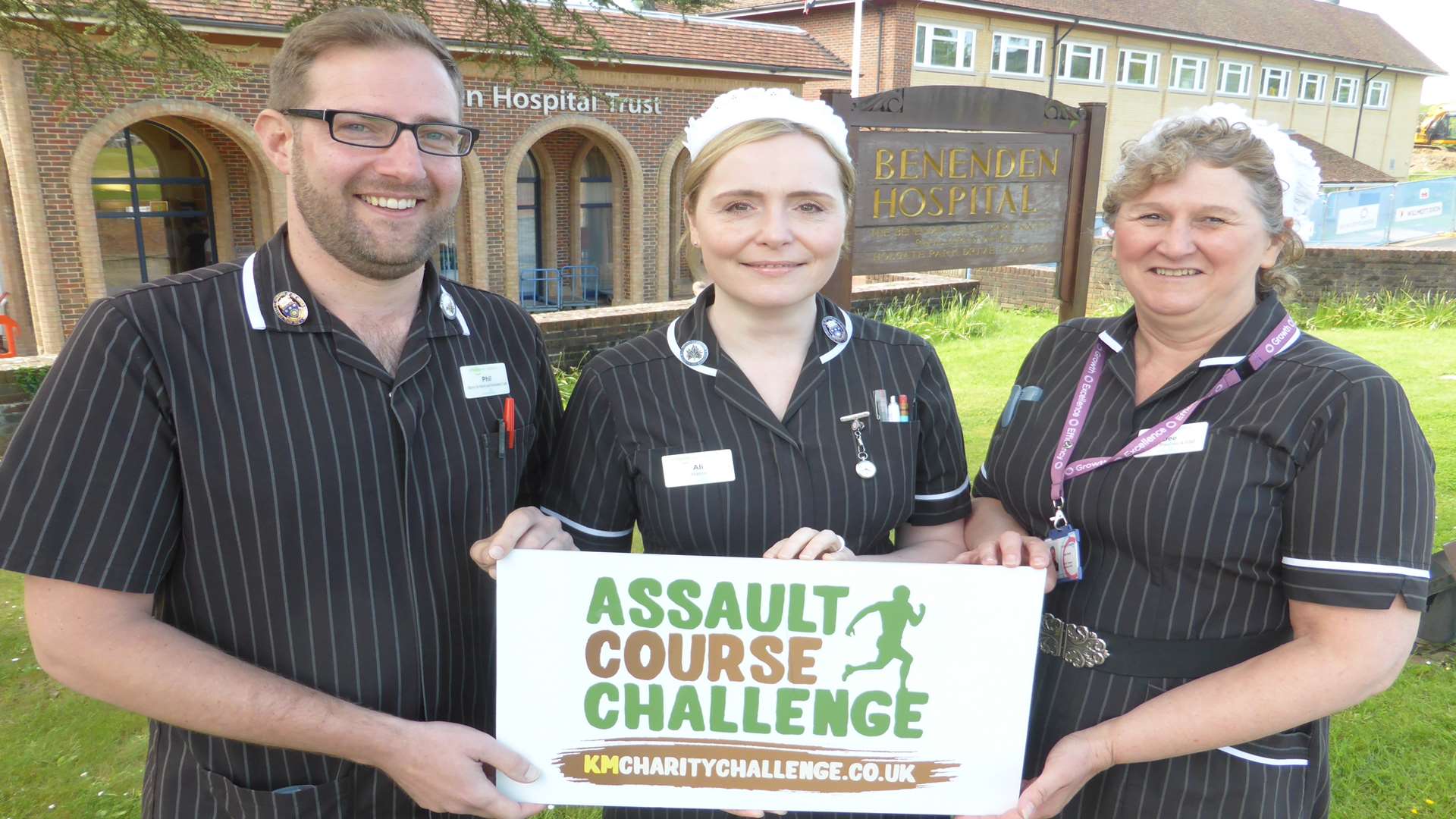 Phil Golding, Ali Curtis and Dee Farris of Benenden Hospital Trust show their support for the KM Assault Course Challenge on Saturday, October 1.