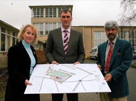 Langton Girls' headteacher Jane Robinson, developer Simon Wright and chairman of the school governors, Ash Rehal, with the site plan for the proposed new school