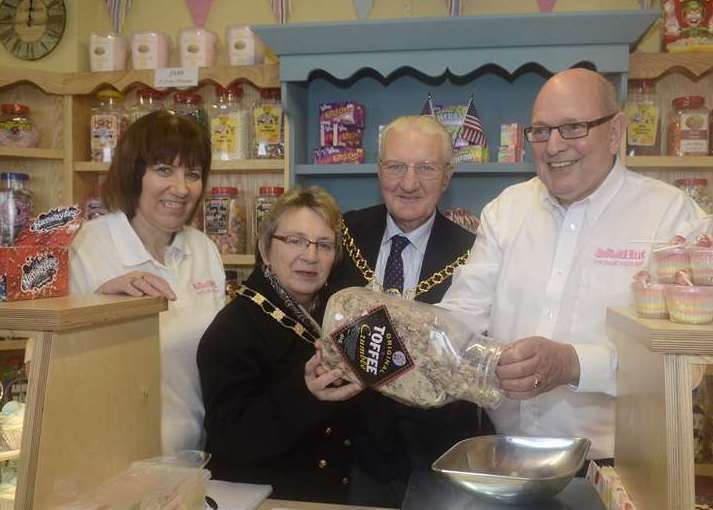 Nina and Paul Weeks with Swale’s mayor and mayoress George and Brenda Bobbin at the opening of the shop in 2014