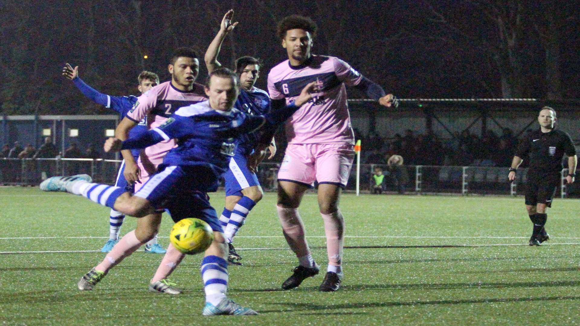 Margate's Kane Haysman poised to strike home the winning goal during Saturday's 1-0 home win over Dulwich Hamlet. Picture: Don Walker