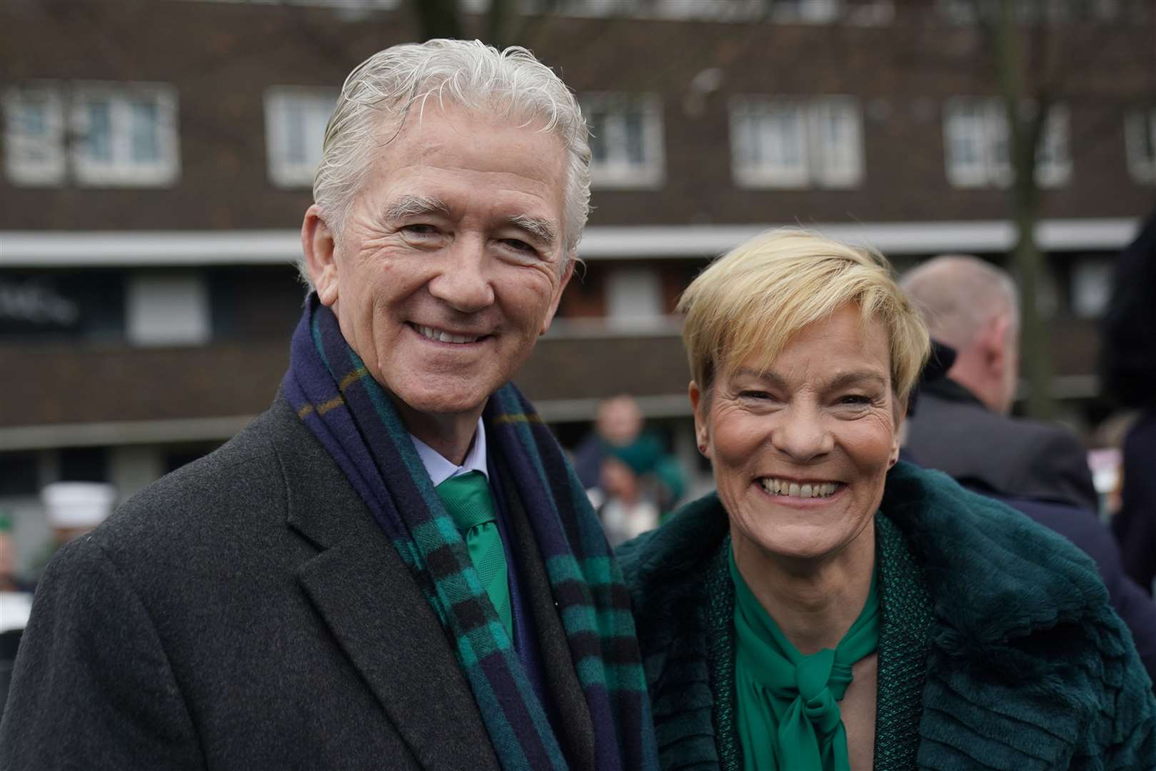 Actor Patrick Duffy and Vera Pauw, Republic of Ireland manager, wait at the start of the parade in Dublin (Brian Lawless/PA)