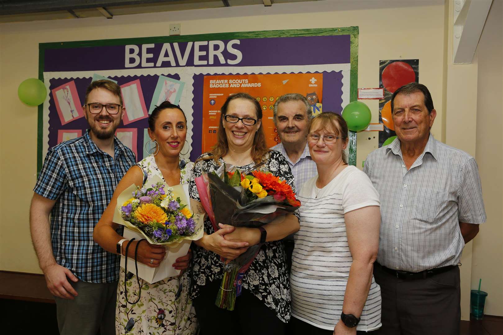 Party for Pauline Martin who is retiring after 20 years as a Beaver Leader. From Left: Pictured are Simon Matthews, Sarah trailor, Pauline Martin, Tony Norman 'Skip', Jacqui Wilkinson (District Scout Leader) & John Marsh (Group Sectional Assistant).Gallery Hill Scout Hall, Swanscombe 110 Church Rd, .Picture: Andy Jones. (2927053)