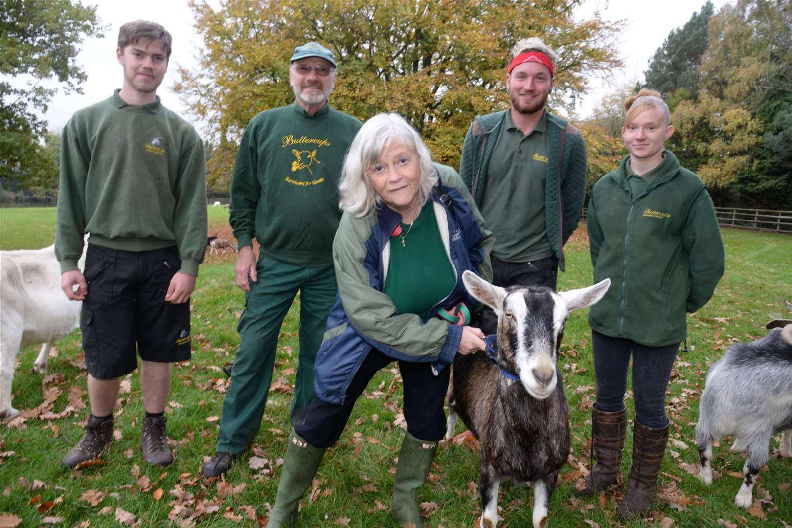 Ann Widdecombe and staff members Rowan Jell, Robert Hitch, Matt Huggins and Katie Fielder with her goat Natalie at Buttercups Sanctuary for Goats. Picture: Chris Davey FM4979874 (10801689)
