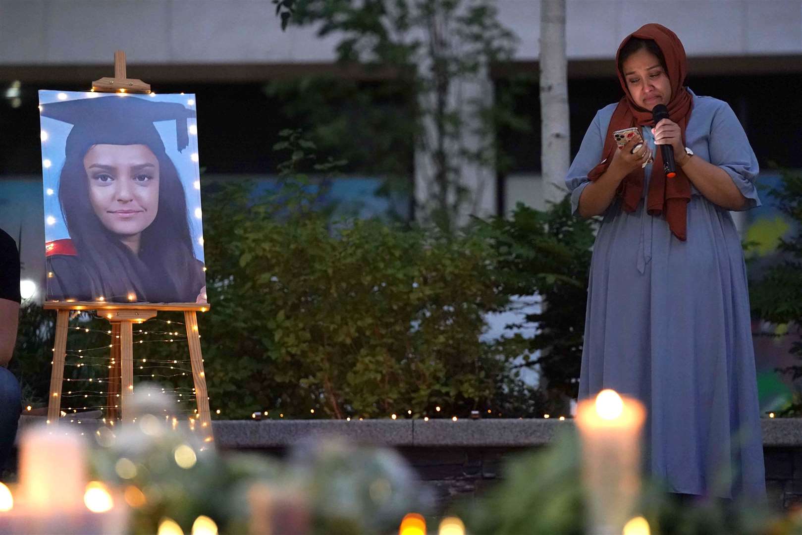 Jebina Yasmin Islam speaks at a vigil in memory of her sister Sabina Nessa at Pegler Square in Kidbrooke (Jonathan Brady/PA)