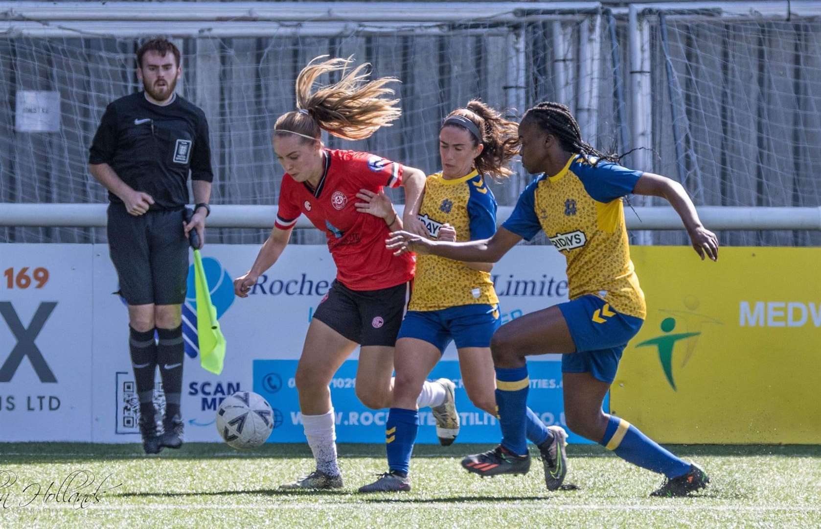 Georgia Pearch drives forward for Chatham Town Women against Hashtag United Women on Sunday Picture: Allen Hollands
