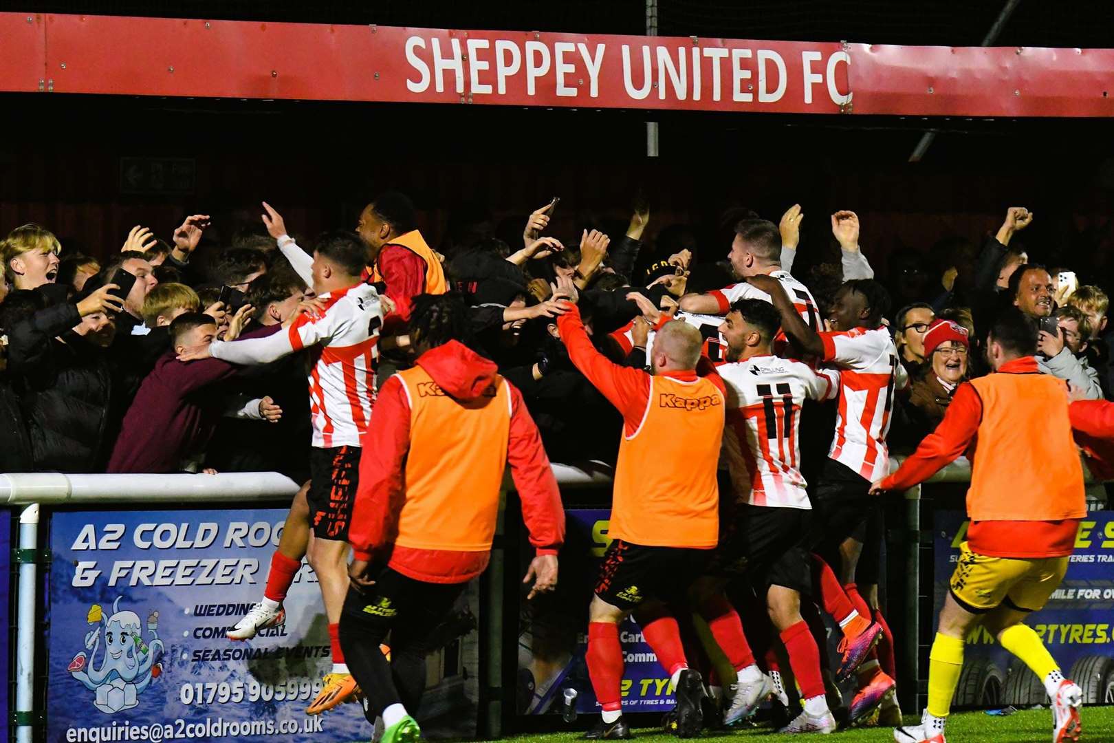 Sheppey United celebrate after beating Billericay Town on penalties in their FA Cup Fourth Qualifying Round replay. Picture: Marc Richards