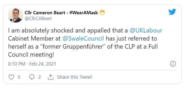 Cameron Beart's Tweet about Swale council's gruppenfuhrer row