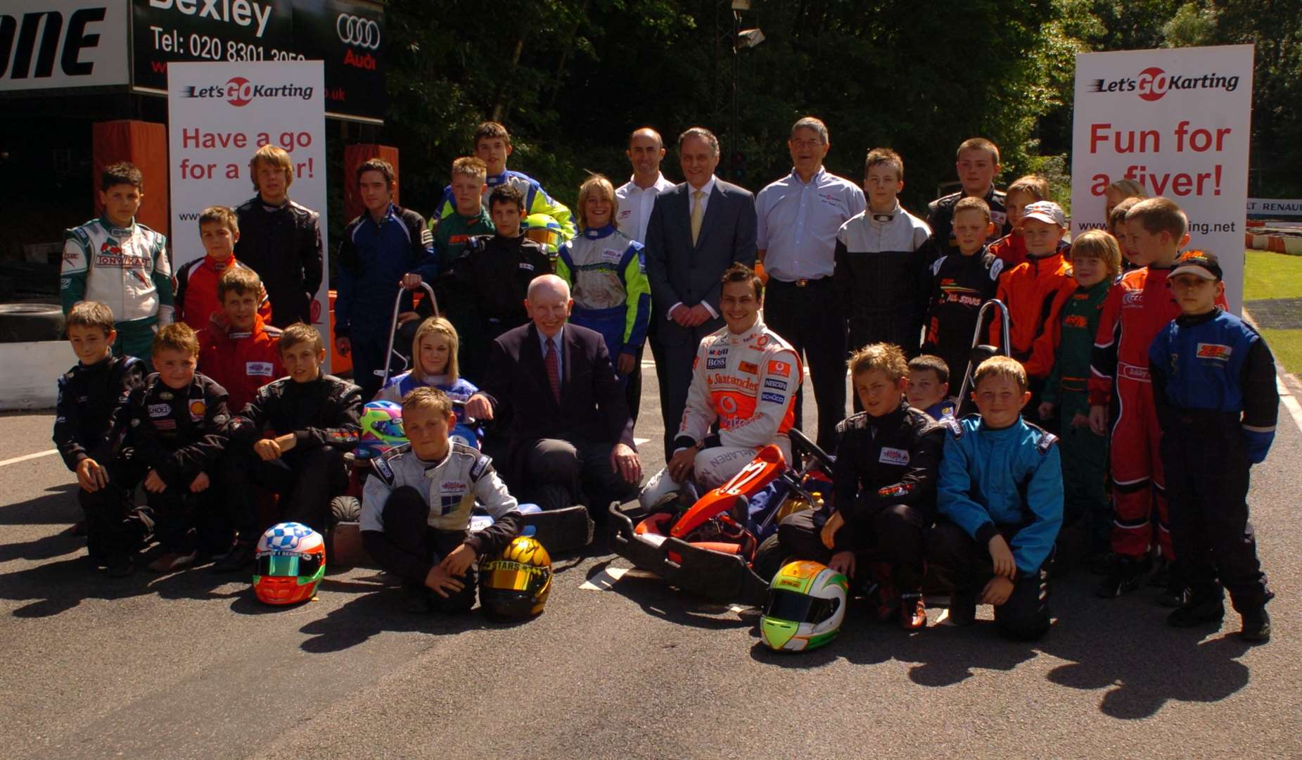 Cadet and Mini Max competitors with Surtees in 2008. Picture: Steve Crispe