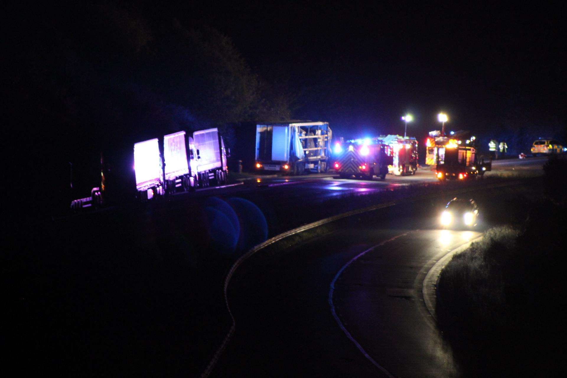 Fire crews battled a blazing truck on the A249 at Stockbury near Sittingbourne tonight (4836867)