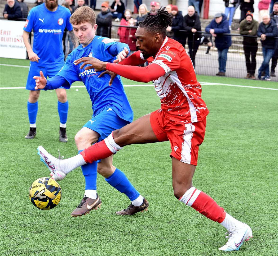 Ramsgate's Gil Carvalho puts a foot in. Picture: Randolph File