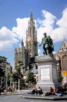 The statue of Rubens in front of the imposing Cathedral of Our Lady in the Groenplaats