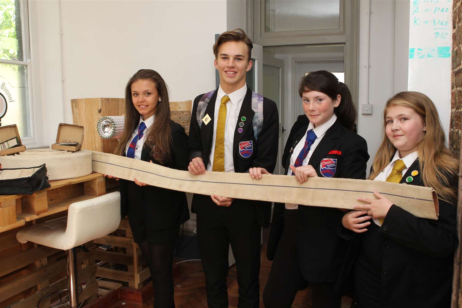 Belle Peck, 11, Oliver Cooksey, 15 Rosemary Coulstock, 12 and Natalie Tanner 12 from Oasis Academy at Recre8 to learn about up-cycling in an Apprentice style event the school is holding