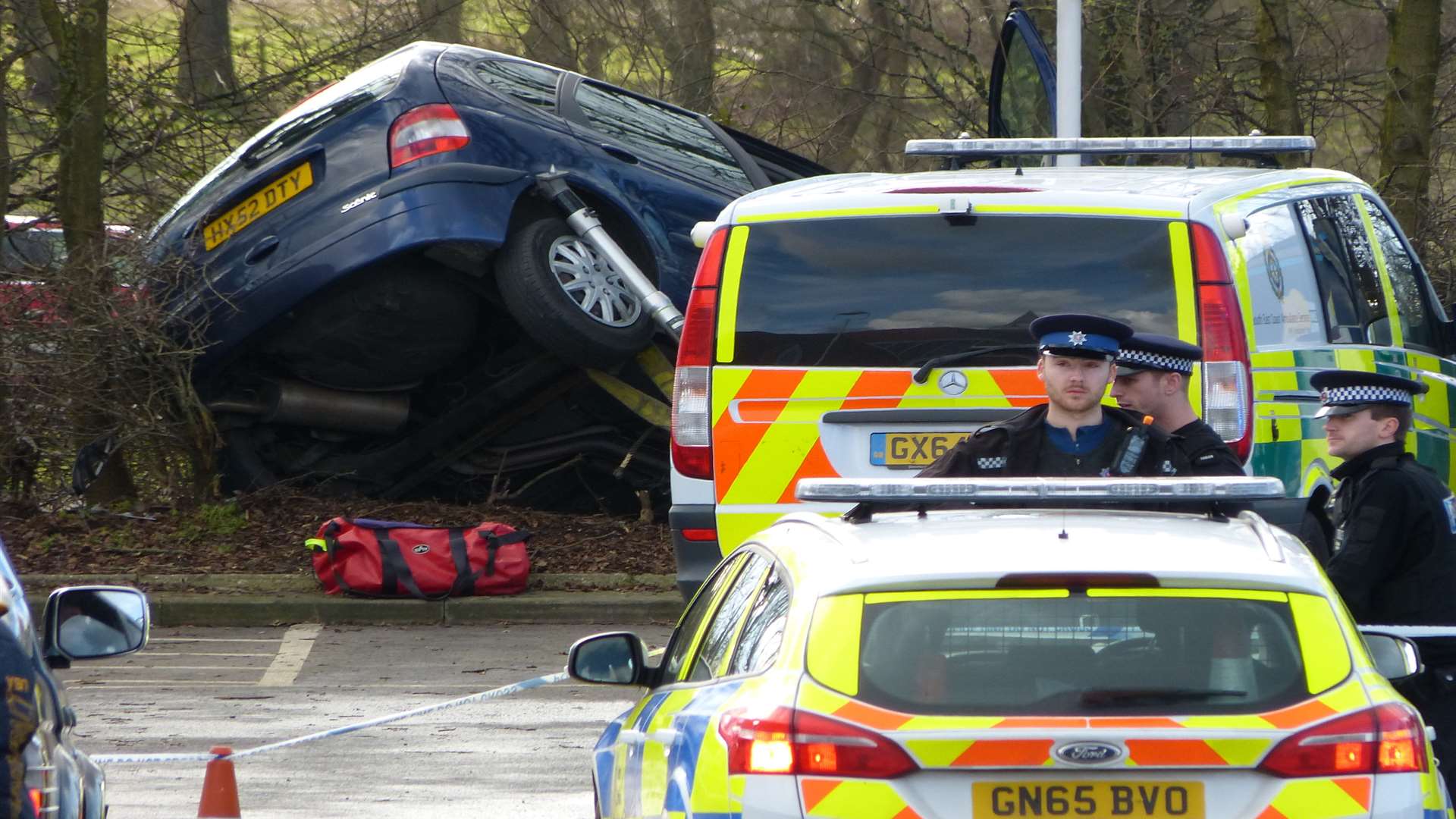 The car ended up in a tree close to Tesco's car wash