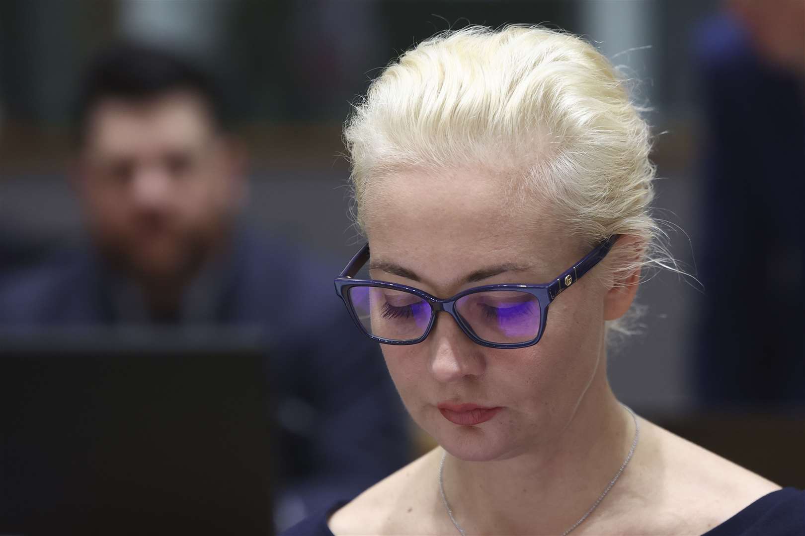 Yulia Navalnaya, wife of Russian opposition leader Alexei Navalny, joins a meeting of EU foreign ministers at the European Council building in Brussels (Yves Herman, Pool Photo via AP)