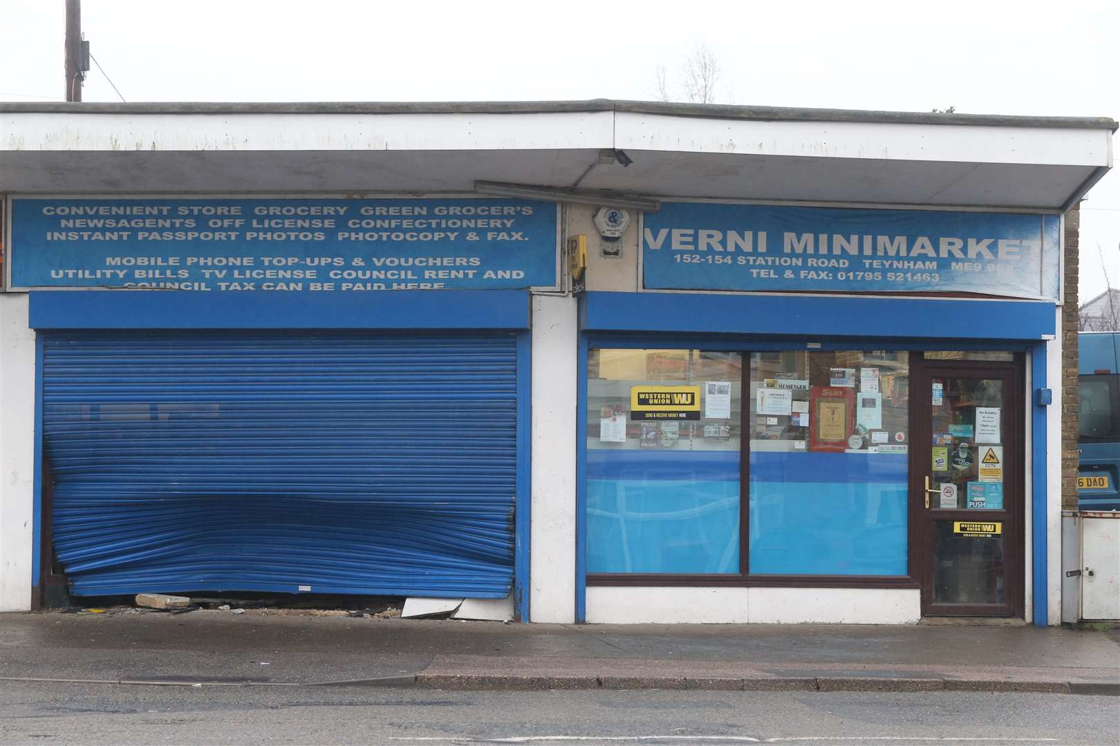The aftermath of a stolen car going through the front of Verni's Mini Market, in Station Rd, Teynham