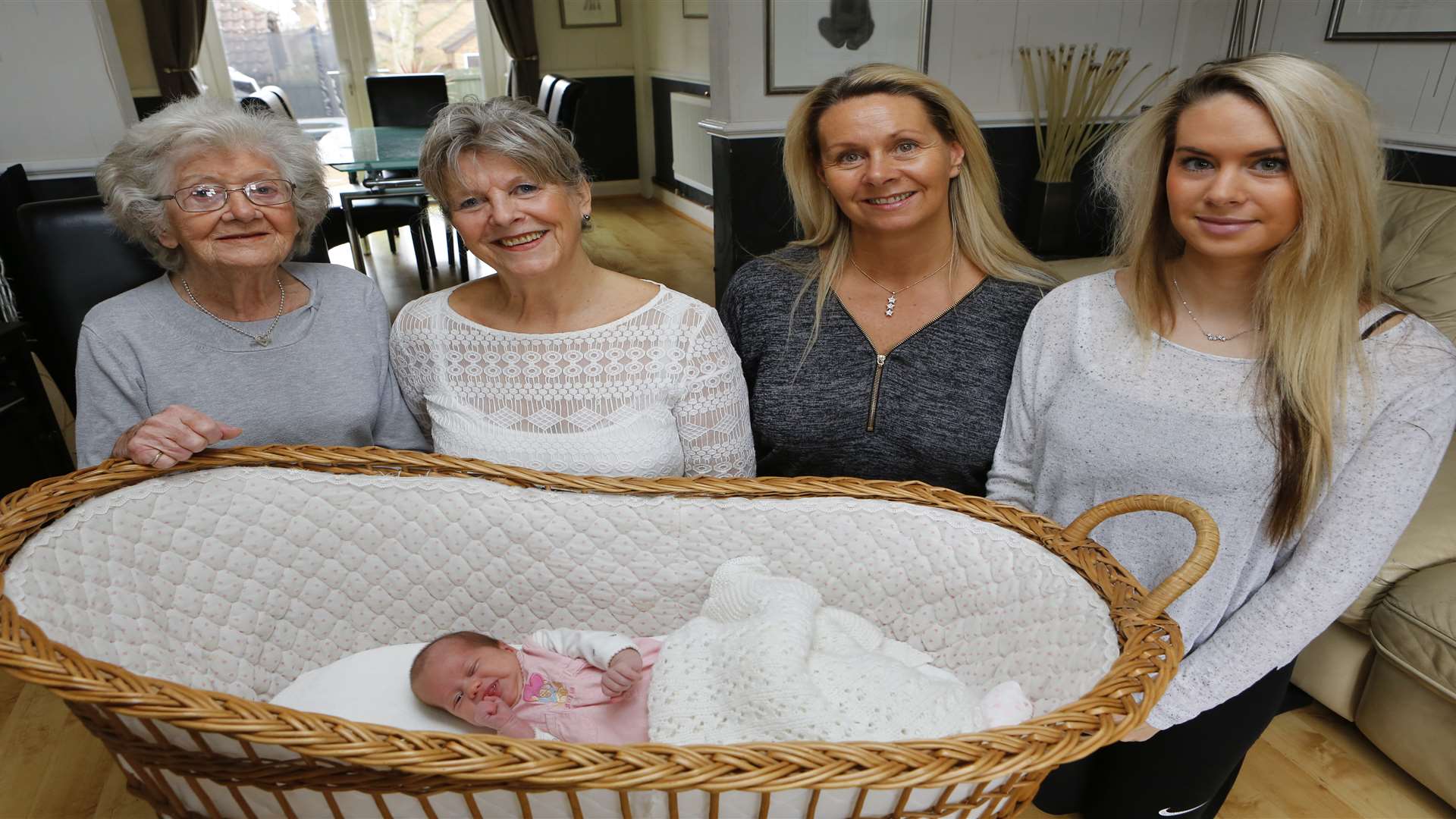From left: Rose Land (great-great grandmother), Chris Land (great grandmother), Terri Salter (grandmother), Jazmin Salter (Mum) & 4 week old Lucia Salter Lawrence-Gabriel. Picture: Andy Jones