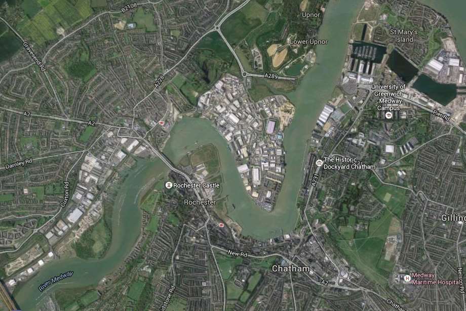 Satellite image of the dense development at the Medway City Estate and Knights Park Industrial Estate, compared to the residential and countryside areas of Medway. GoogleMaps