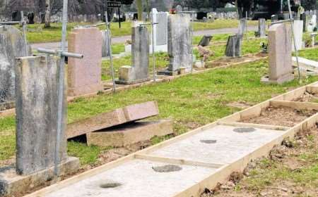 Scaffolding and mud surround graves in Maidstone Cemetery