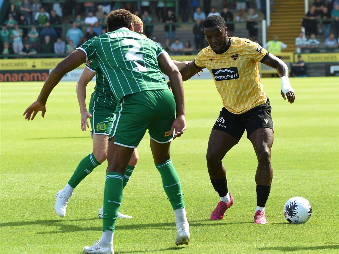 Chi Ezennolim in action for Maidstone at Yeovil. Picture: Steve Terrell