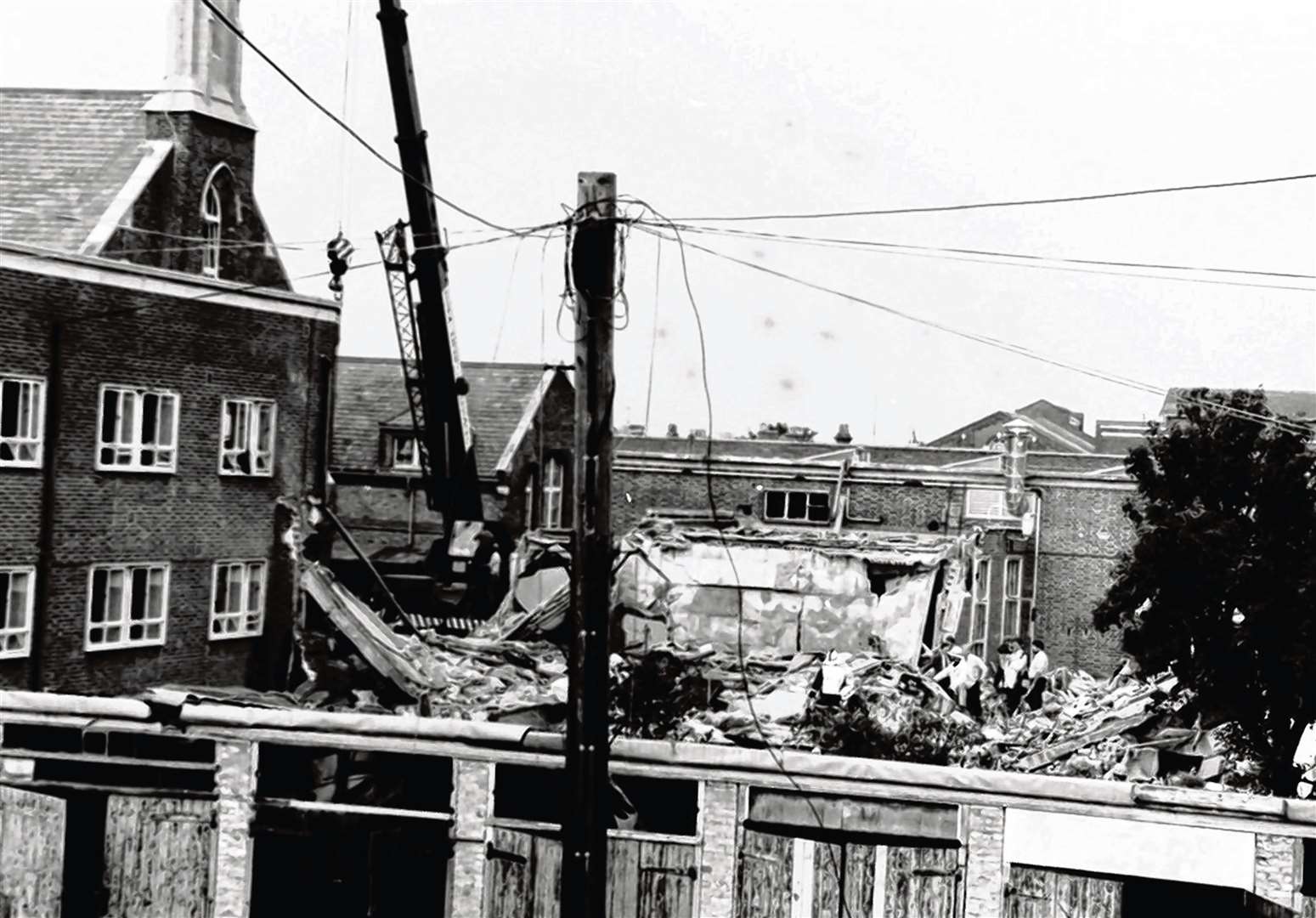 The aftermath of the IRA bombings at the Royal Marines School of Music building. Credit: Mike Pett