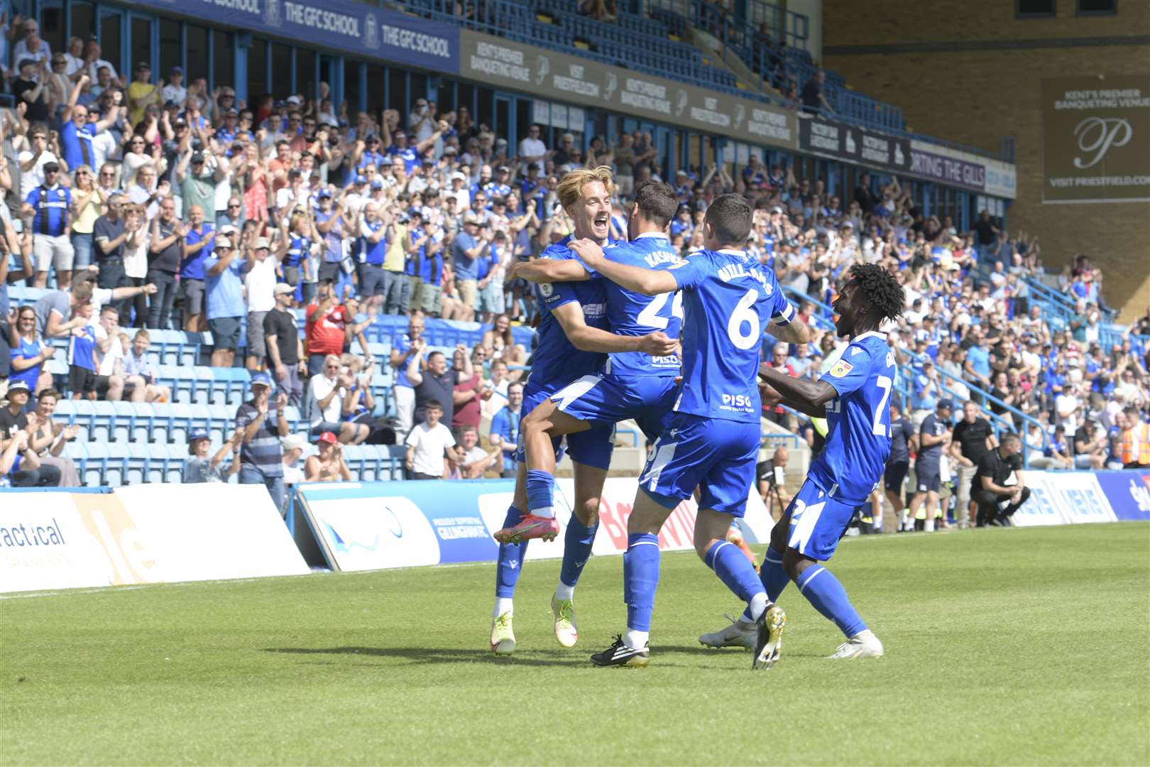 Gillingham celebrate their opener against Rochdale which won them the game. Picture: Barry Goodwin