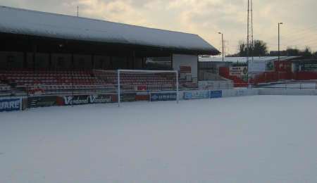 A snow covered Stonebridge Road where Ebbsfleet's game against Histon was postponed