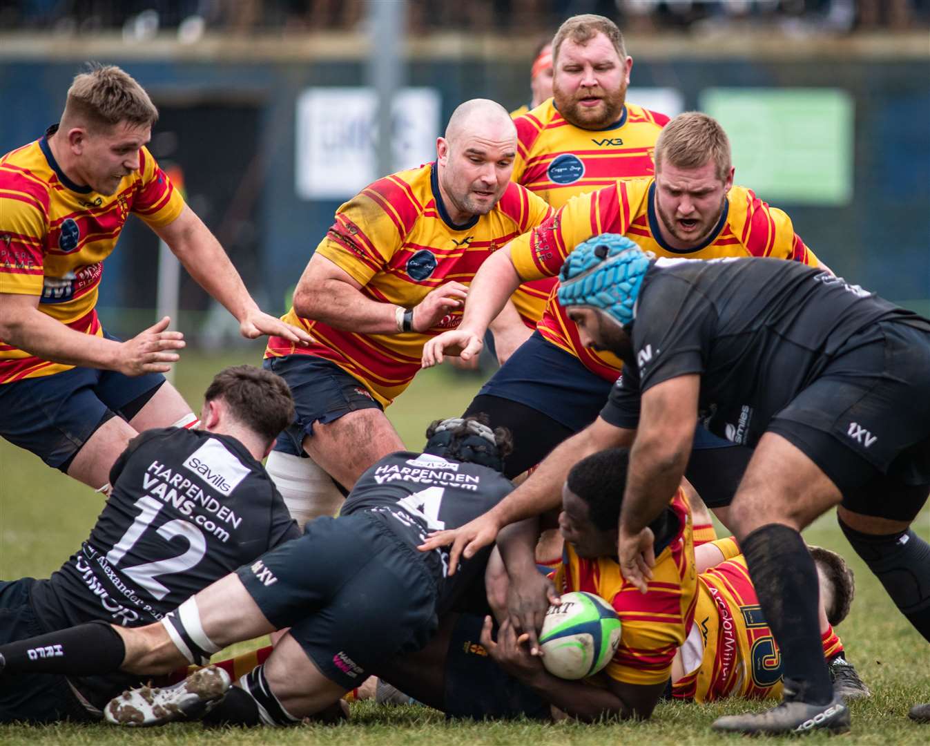 Medway's John Sipawa on the ground against Harpenden as captain Tom Beaumont, Jack Nickalls, Dan Jackson and Bill Sanderson watch on. Picture: Jake Miles Sports Photography