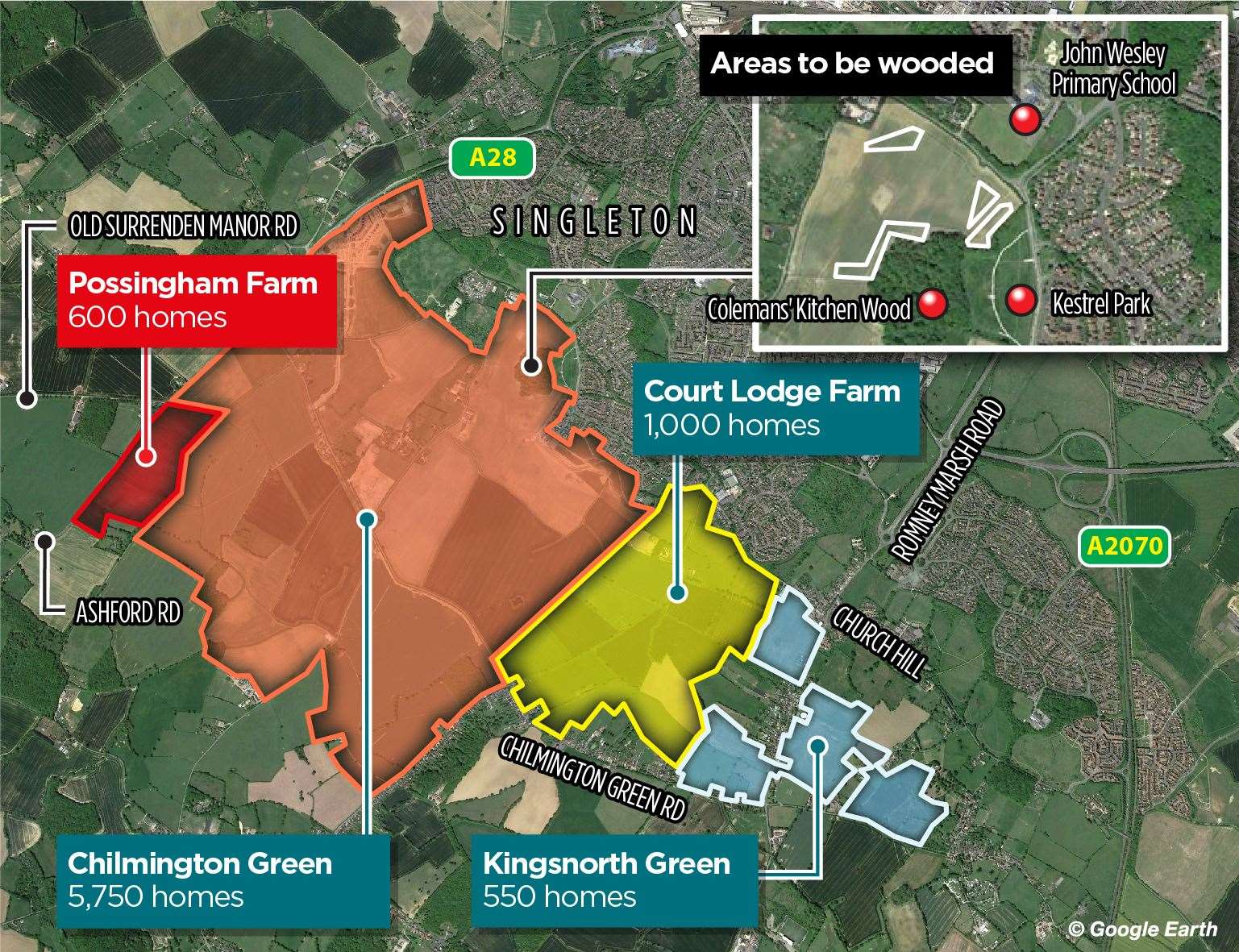 This map highlights the housing developments planned to the south of Ashford - and includes where the trees will go. The 600-home Possingham Farm development, which is not in ABC's Local Plan, is not part of the South of Ashford Garden Community