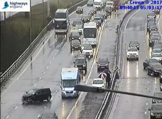 A vehicle hit a barrier London-bound between junction 6 and 5 on the M20. Picture: Highways England