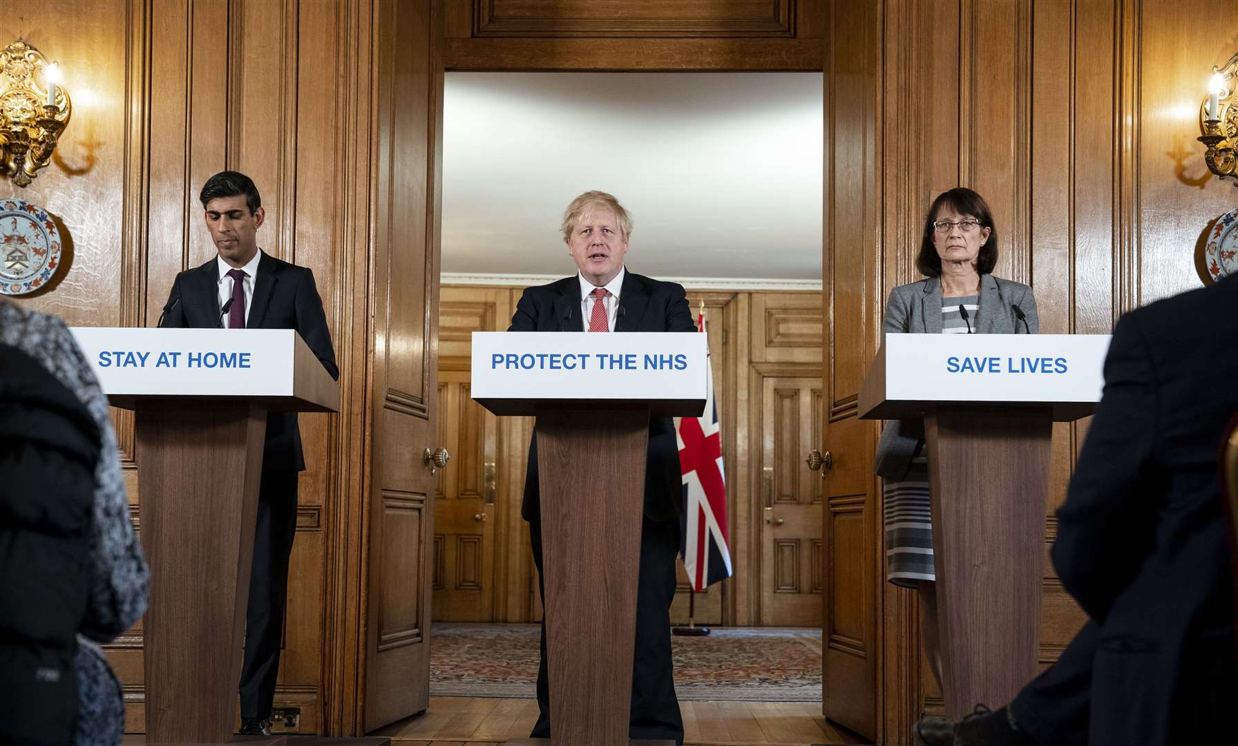Dr Jenny Harries with Boris Johnson and Rishi Sunak during a Downing Street press conference. Picture by Pippa Fowles / No 10 Downing Street.