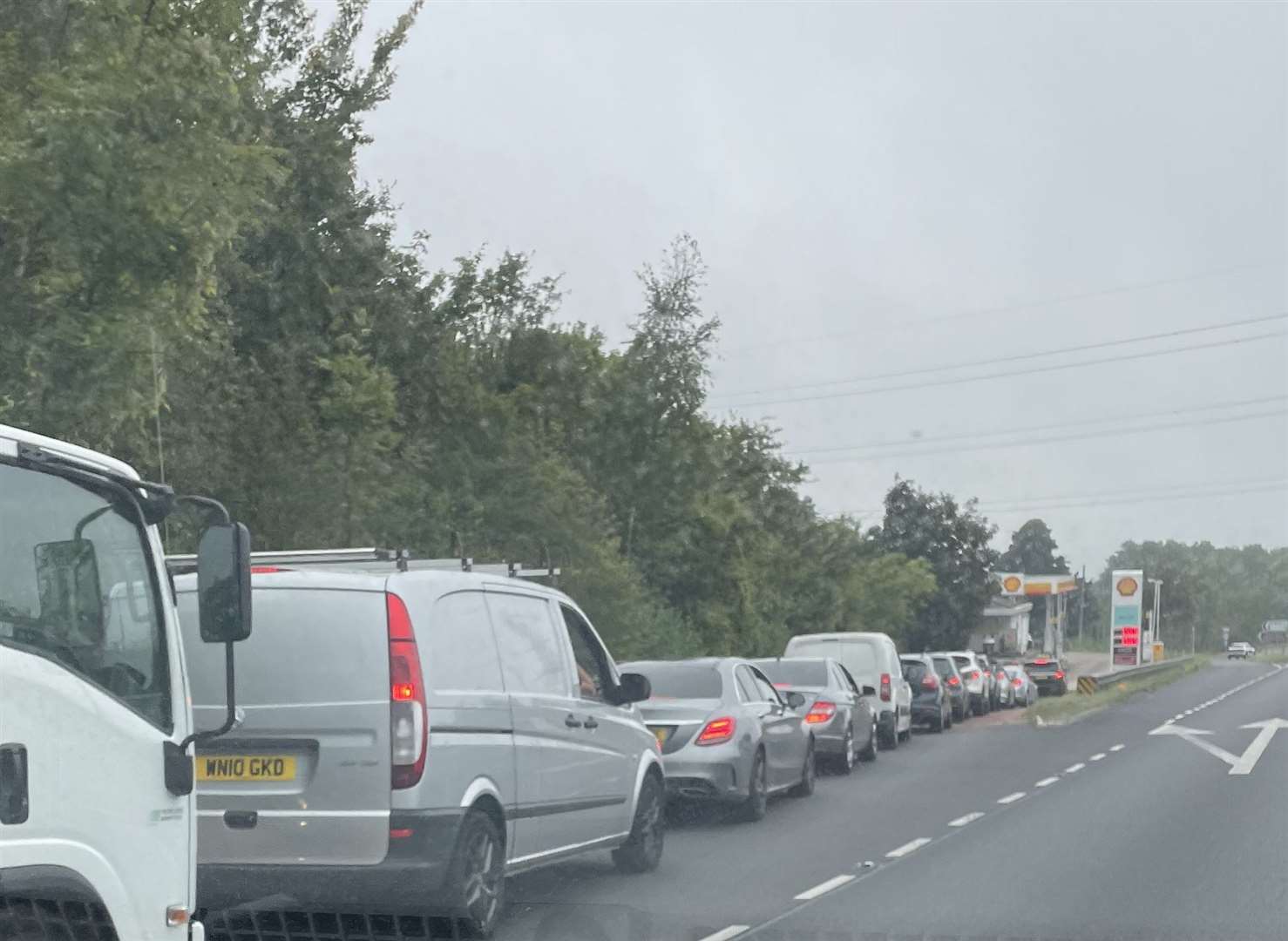 Vehicles were tailing back on the slip road approaching the petrol station on Blue Bell Hill