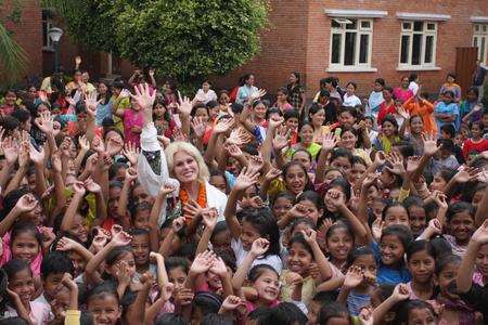 Joanna Lumley with children from Maiti Nepal