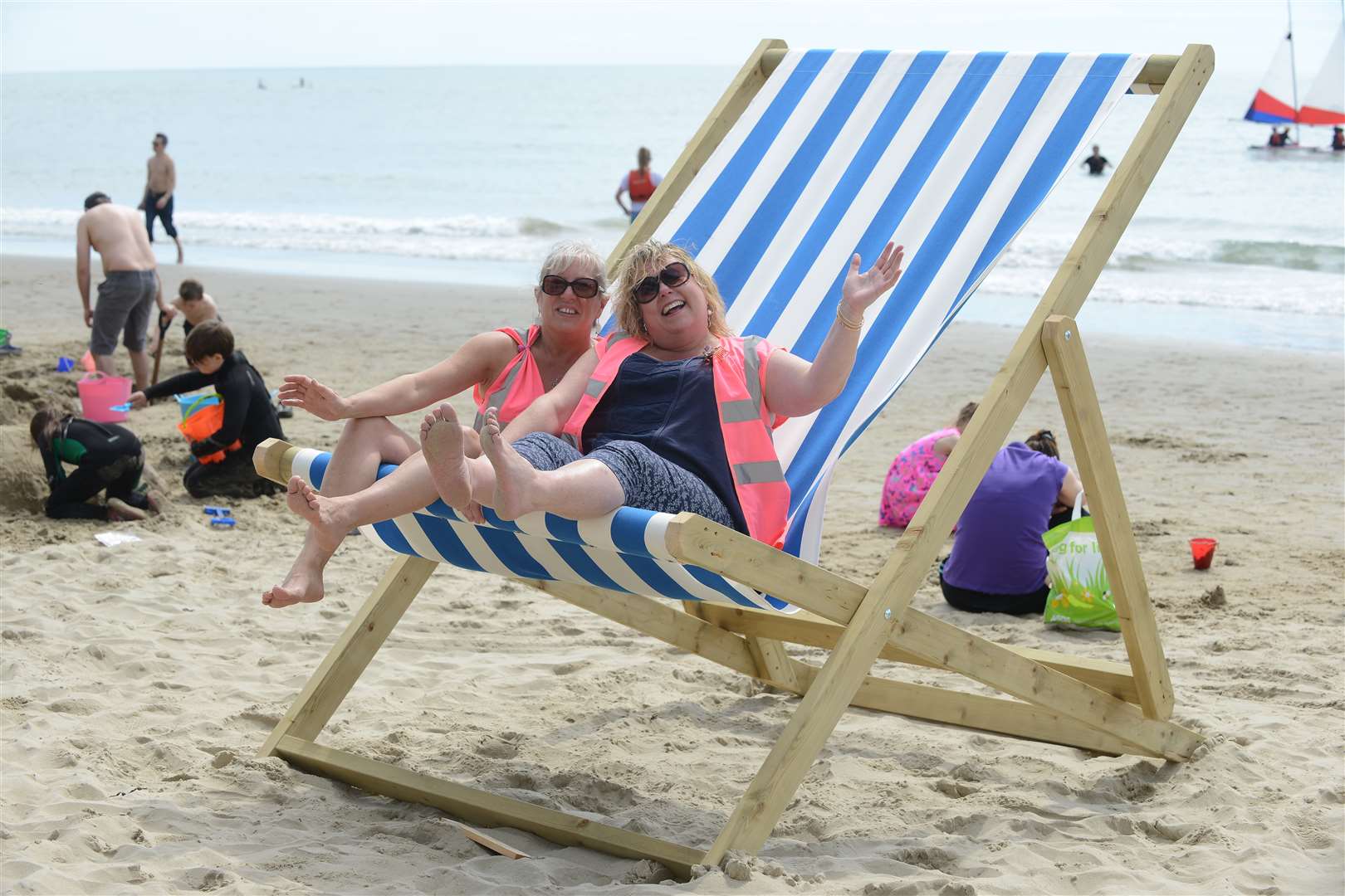 Organisers, Cath Mison and Sue Pope cracking open the abnormally large deck chair