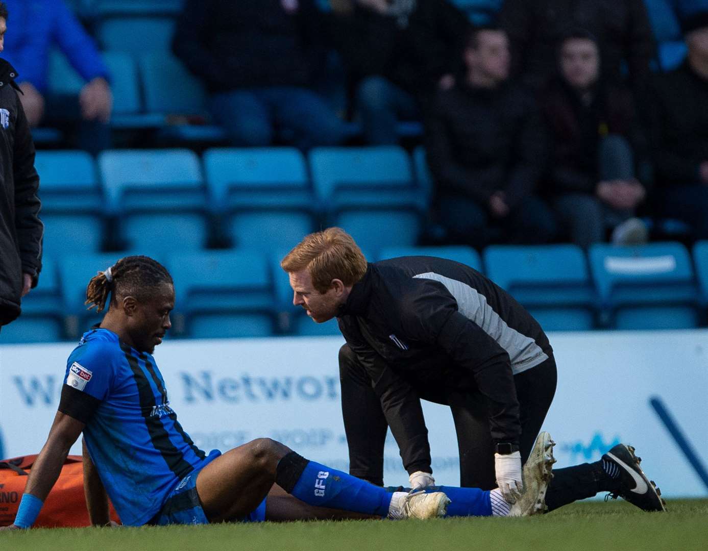 Gabriel Zakuani is treated for an ankle injury against Barnsley and he has yet to recover Picture: Ady Kerry