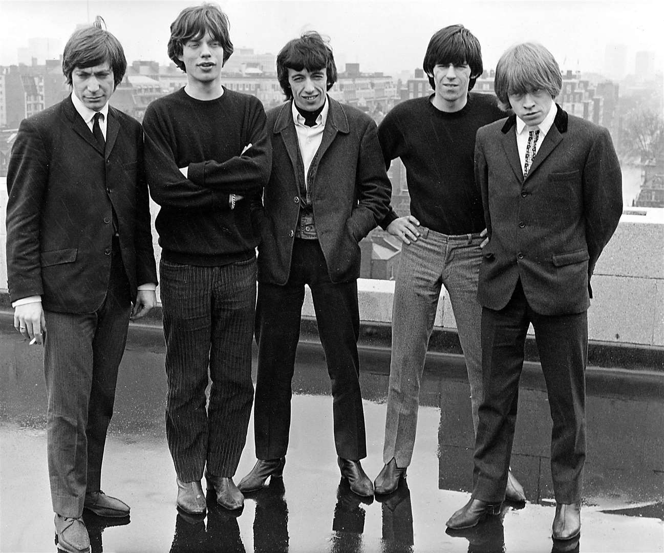 The Rolling Stones in London, 1964, Left to right: Charlie Watts, Mick Jagger, Bill Wyman, Keith Richards and Brian Jones.