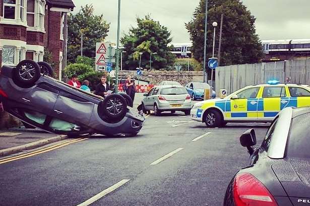 Car overturns at Priory Road, Dartford. Picture: @Nevrandil