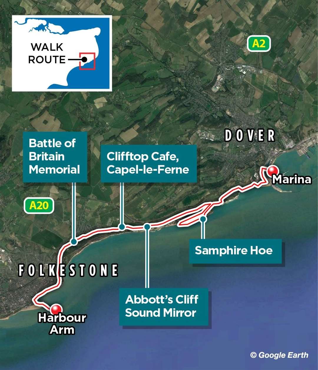 The route our man took on his coastal walk