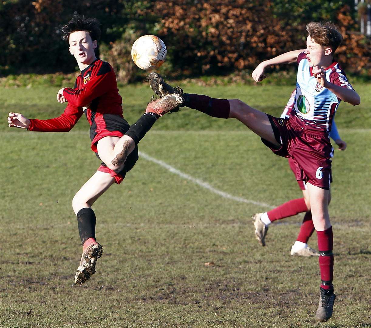 Woodcoombe Youth (left) and Wigmore Youth battle it out in Under-18 Division 1 Picture: Sean Aidan